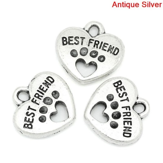 Picture of Zinc Metal Alloy Charm Pendants Heart Bear Paw Antique Silver Color Message " Best Friend " Carved 15mm(5/8") x 15mm(5/8"), 30 PCs