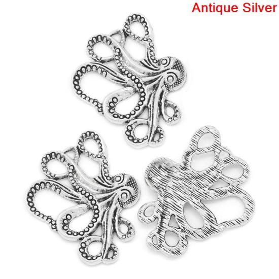 Bild von Ozean Schmuck Zinklegierung Anhänger Kraken Antik Silber,mit Punkt Muster, 4.3cm x 3.5cm, 10 Stück