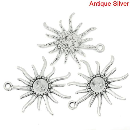 Picture of Zinc Based Alloy Cabochon Setting Pendants Sun Antique Silver (Fits 12mm Dia.) 4.6cm x 5.1cm, 10 PCs