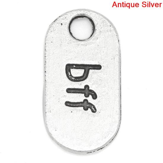 Bild von Zinklegierung Charm Anhänger Oval Antiksilber Message "bff", 18mm x 9mm, 100 Stück