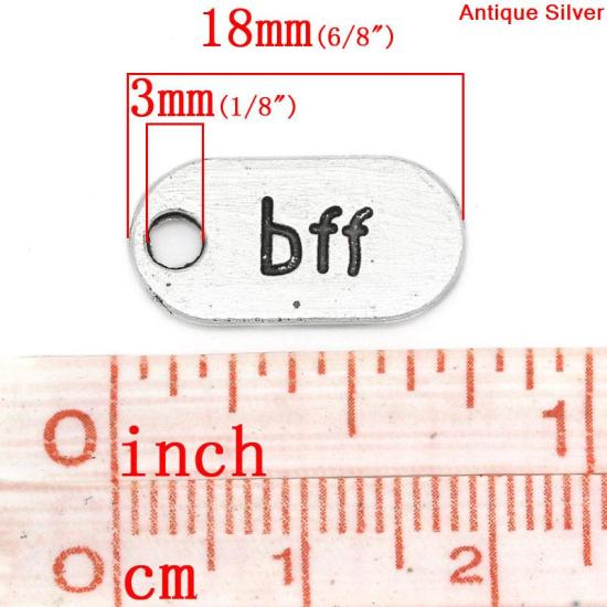 Bild von Zinklegierung Charm Anhänger Oval Antiksilber Message "bff", 18mm x 9mm, 100 Stück