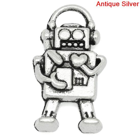 Immagine di Lega di Zinco Charm Ciondoli Robot Argento Antico Cuore Disegno 17.0mm x 10.0mm, 50 Pz