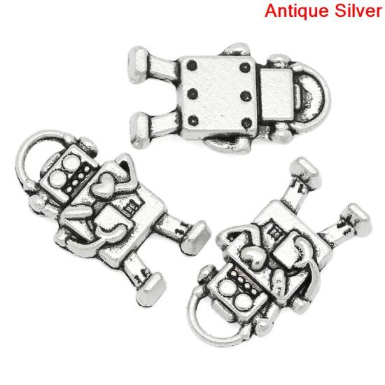 Immagine di Lega di Zinco Charm Ciondoli Robot Argento Antico Cuore Disegno 17.0mm x 10.0mm, 50 Pz