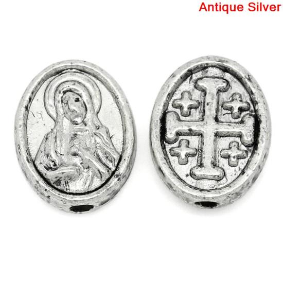 Изображение Бусины Металлические Овальные, Античное Серебро с узором “ Иисус Христос ”, 10.0мм x 8.0мм, 1.1мм, 100 ШТ