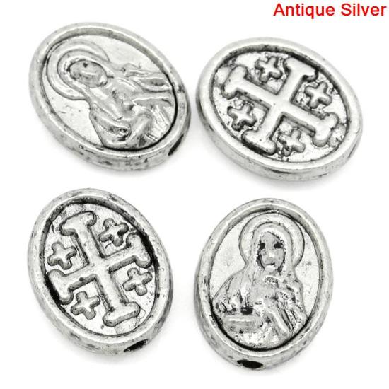 Изображение Бусины Металлические Овальные, Античное Серебро с узором “ Иисус Христос ”, 10.0мм x 8.0мм, 1.1мм, 100 ШТ