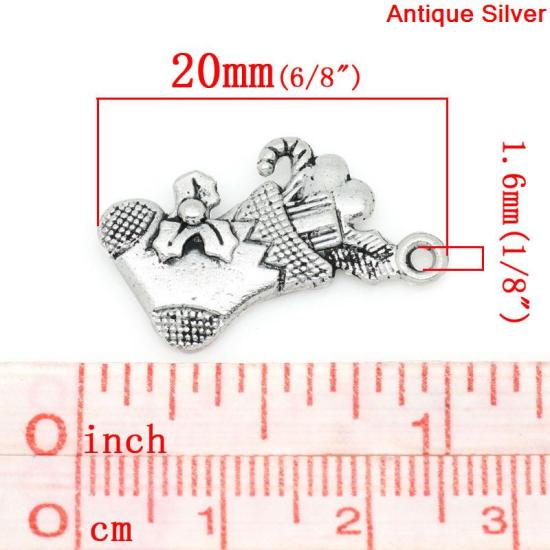 Image de Pendentifs en Alliage de Zinc Forme Bas de Noël Argent vieilli, 20.0mm x 16.0mm, 100 Pièces 