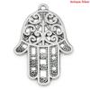 Picture of Zinc Metal Alloy Pendants Hamsa Symbol Hand Antique Silver Pattern Hollow Carved 35mm(1 3/8") x 24mm(1"), 30 PCs