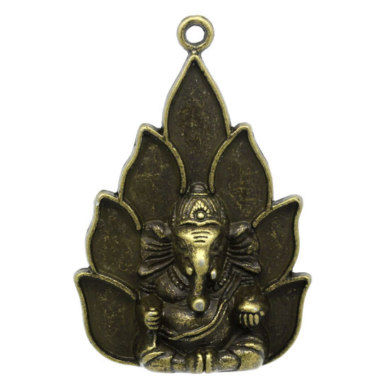 Immagine di Lega di Zinco Charm Ciondoli Budda Tono del Bronzo Elefante Disegno 5.3cm x 3.6cm, 5 Pz