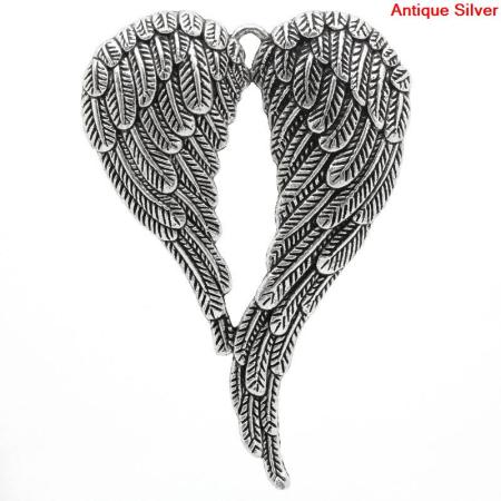 Imagen de Colgantes Aleación del Metal Del Zinc de Corazón,Ángel Ala Plata Antigua Rhinestone 6.9cm x 4.7cm, 5 Unidades