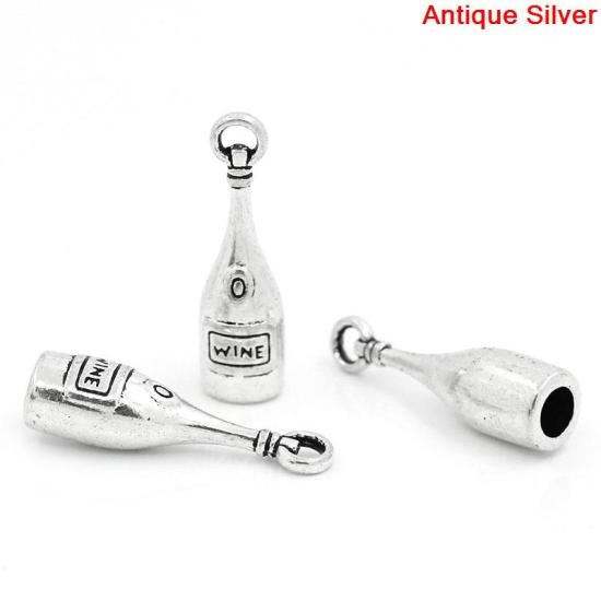 Picture of Zinc Based Alloy Charms Wine Bottle Antique Silver Message "Wine" Carved 27.5mm x 8mm(1 1/8"x 3/8"), 20 PCs