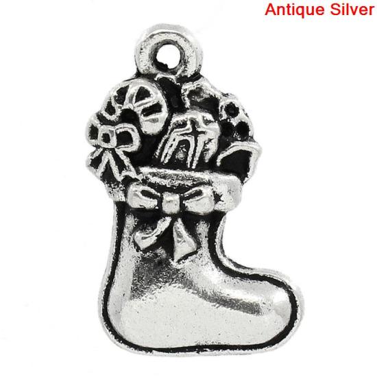 Picture of Charm Pendants Christmas Candy Cane Stocking Antique Silver Bowknot Carved 23mm x 15mm( 7/8"x 5/8"), 30 PCs