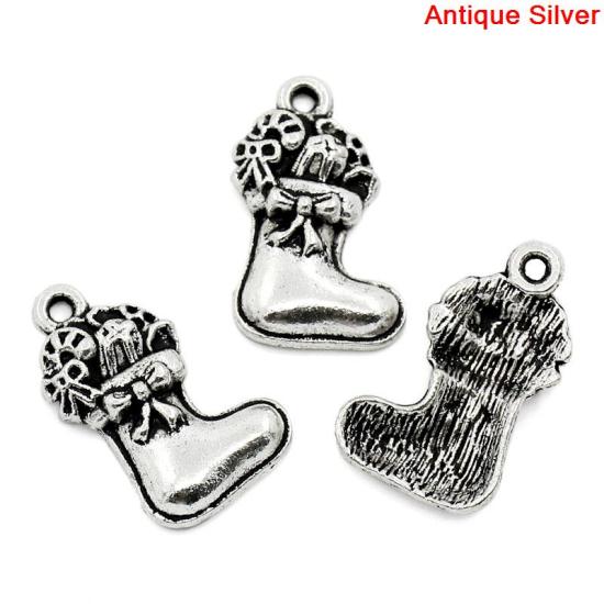 Immagine di Lega di Zinco Charm Ciondoli Argento Antico Calze di Natale Disegno 23.0mm x 15.0mm, 30 Pz