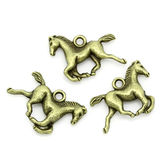 Immagine di Lega di Zinco Charm Ciondoli Cavallo Tono del Bronzo Striscia Disegno 23.0mm x 19.0mm, 50 Pz