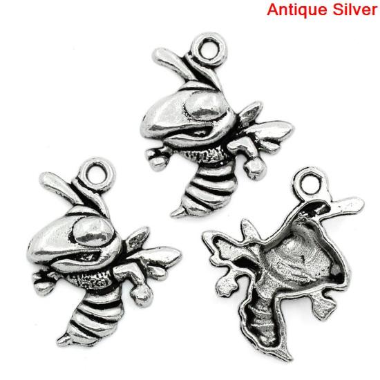 Picture of Zinc Metal Alloy Charm Pendants Bee Animal Antique Silver 22mm x 17mm(7/8"x 5/8") , 50 PCs