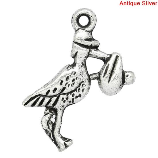 Bild von Zinklegierung Charm Anhänger Storch Tier Antik Silber,mit Streifen Muster, 20mm x 15mm, 50 Stücke