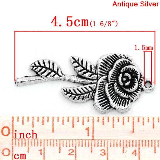 Immagine di Lega di Zinco Charm Ciondoli Fiore Argento Antico Foglia Disegno 4.5cm x 20.0mm, 20 Pz