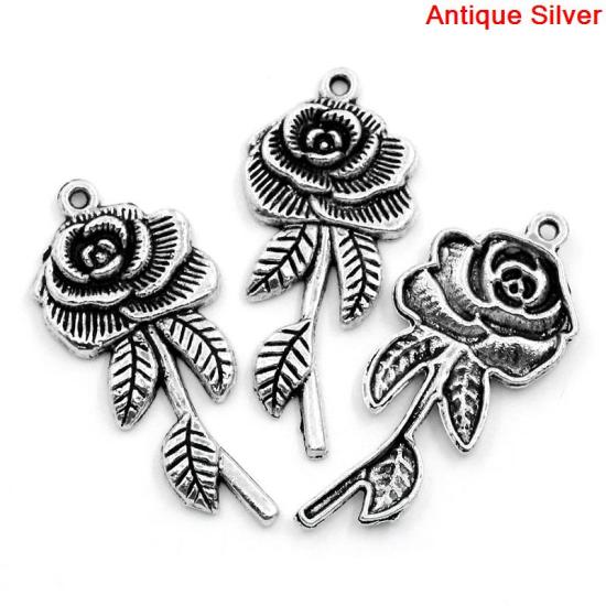 Immagine di Lega di Zinco Charm Ciondoli Fiore Argento Antico Foglia Disegno 4.5cm x 20.0mm, 20 Pz