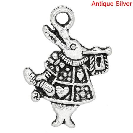 Zinc Based Alloy Easter Charms White Rabbit Animal Antique Silver Heart Bugle Carved 20mm(6/8") x 15mm(5/8"), 50 PCs