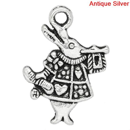 Picture of Zinc Based Alloy Easter Charms White Rabbit Animal Antique Silver Heart Bugle Carved 20mm(6/8") x 15mm(5/8"), 50 PCs