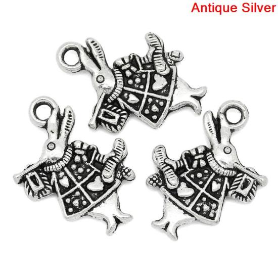 Picture of Zinc Based Alloy Easter Charms White Rabbit Animal Antique Silver Heart Bugle Carved 20mm(6/8") x 15mm(5/8"), 50 PCs