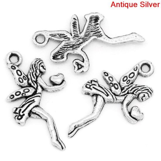 Bild von Zinklegierung Anhänger Engel Antik Silber,mit Herz Muster, 24.0mm x 13.0mm, 50 Stücke