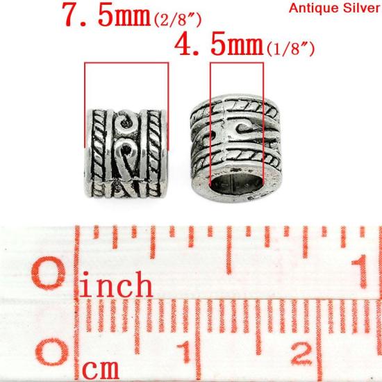 亜鉛合金 ヨーロッパ風 大穴 ビーズ 円筒形 銀古美 約7.5mm x 7.0mm、 穴：約4.5mm、 50 PCs の画像