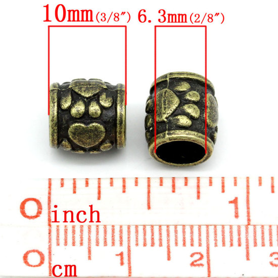 Bild von Zinklegierung Perlen Zylinder Bronzefarben Bronzefarbe, mit Bärentatzen-Form Muster, 10.0mm x 10.0mm, Loch: 6.3mm, 30 Stück