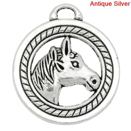 Zinklegierung Charm Anhänger Rund Antik Silber Pferd Tier 28mm x 25mm, 10 Stücke