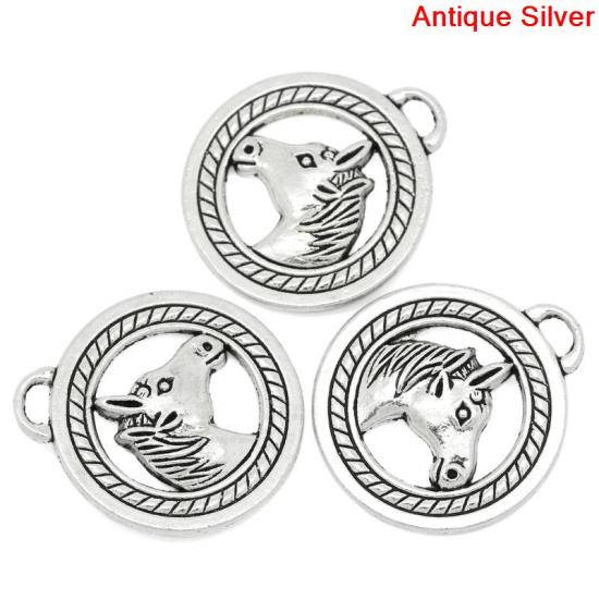Bild von Zinklegierung Charm Anhänger Rund Antik Silber Pferd Tier 28mm x 25mm, 10 Stücke