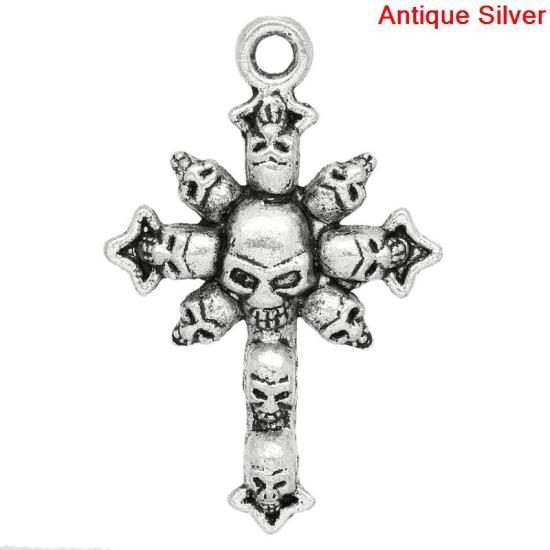 Immagine di Lega di Zinco Charm Ciondoli Croce Argento Antico Cranio Disegno 4.3cm x 28.0mm, 10 Pz