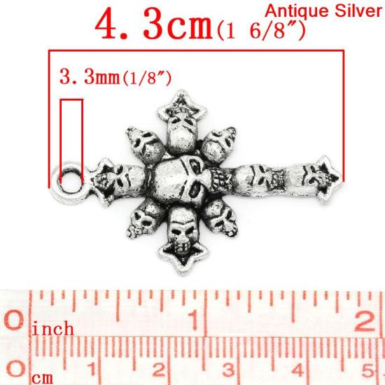 Immagine di Lega di Zinco Charm Ciondoli Croce Argento Antico Cranio Disegno 4.3cm x 28.0mm, 10 Pz