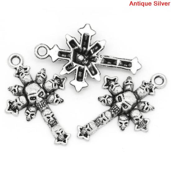 Immagine di Lega di Zinco Charm Ciondoli Croce Argento Antico Cranio Disegno 4.3cm x 28.0mm, 10 Pz