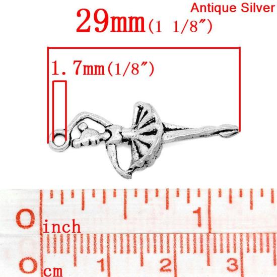 Bild von Zinklegierung Anhänger Ballett Tanzend Mädchen Antik Silber,mit Person Muster, 29mm x 12mm, 50 Stück