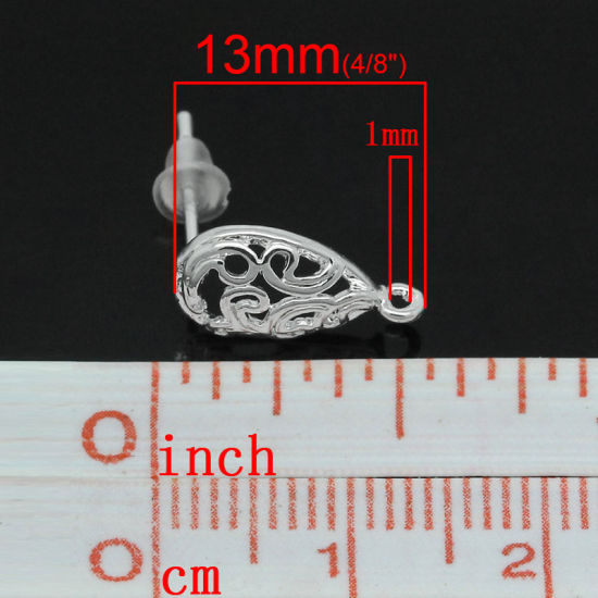 Immagine di Ottone Orecchini a Perno Goccia Argento Placcato Hollow Disegno Colore Placcato 15mm x 13mmposta / filo: ( 0.8mm )， 10 Pz
