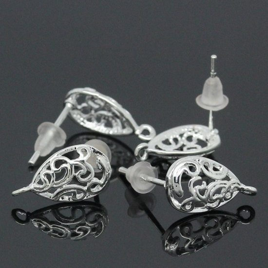 Immagine di Ottone Orecchini a Perno Goccia Argento Placcato Hollow Disegno Colore Placcato 15mm x 13mmposta / filo: ( 0.8mm )， 10 Pz