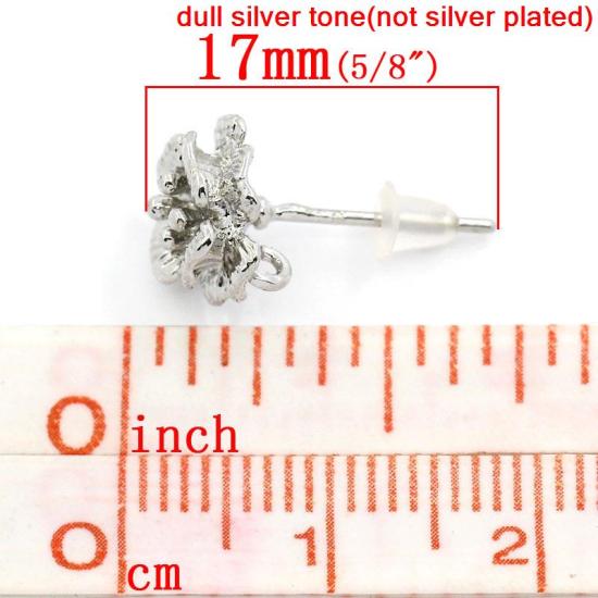Imagen de Pendientes del perno prisionero Latón de Flor,Tono de Plata 17mm x 10mm, 10 Unidades