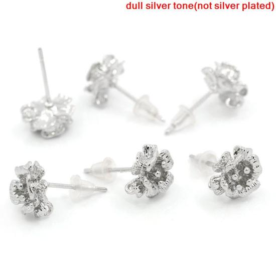 Imagen de Pendientes del perno prisionero Latón de Flor,Tono de Plata 17mm x 10mm, 10 Unidades