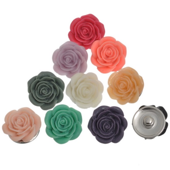 Bild von Harz Chunks Druckknöpfe für Armband Blumen Silberfarbe Mix 21mm x 11mm ,Knauf: 5.5mm, 12 Stücke