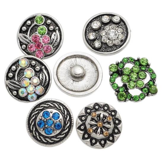 Picture of 21mm Snap Buttons Round Antique Silver At Random Mixed Rhinestone Pattern Carved Fit Snap Button Bracelets, Knob Size: 5.5mm( 2/8"), 6 PCs