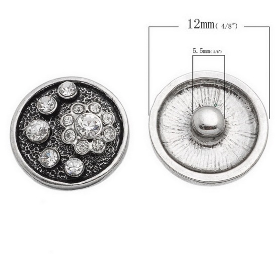 Picture of 21mm Snap Buttons Round Antique Silver At Random Mixed Rhinestone Pattern Carved Fit Snap Button Bracelets, Knob Size: 5.5mm( 2/8"), 6 PCs