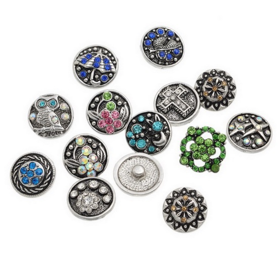 Picture of 21mm Snap Buttons Round Antique Silver At Random Mixed Rhinestone Pattern Carved Fit Snap Button Bracelets, Knob Size: 5.5mm( 2/8"), 6 PCs