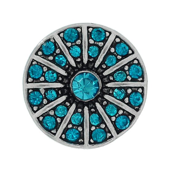 Picture of 20mm Zinc Metal Alloy Snap Buttons Round Antique Silver SunFlower Carved Blue Rhinestone Fit Snap Button Bracelets, Knob Size: 5.5mm( 2/8"), 1 Piece