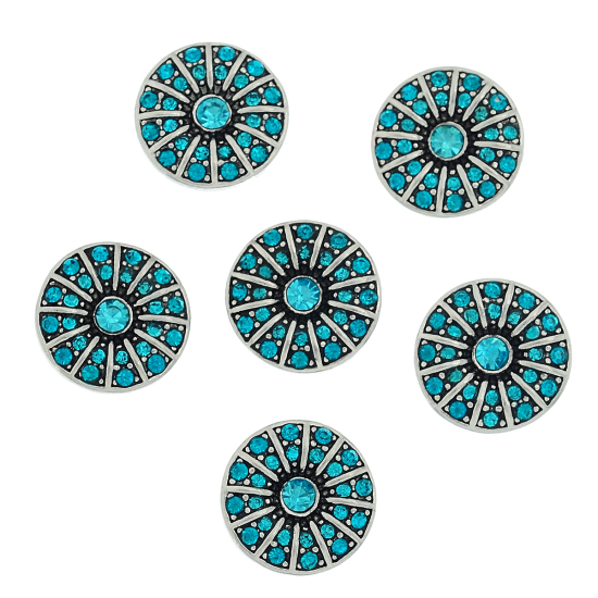 Picture of 20mm Zinc Metal Alloy Snap Buttons Round Antique Silver SunFlower Carved Blue Rhinestone Fit Snap Button Bracelets, Knob Size: 5.5mm( 2/8"), 1 Piece