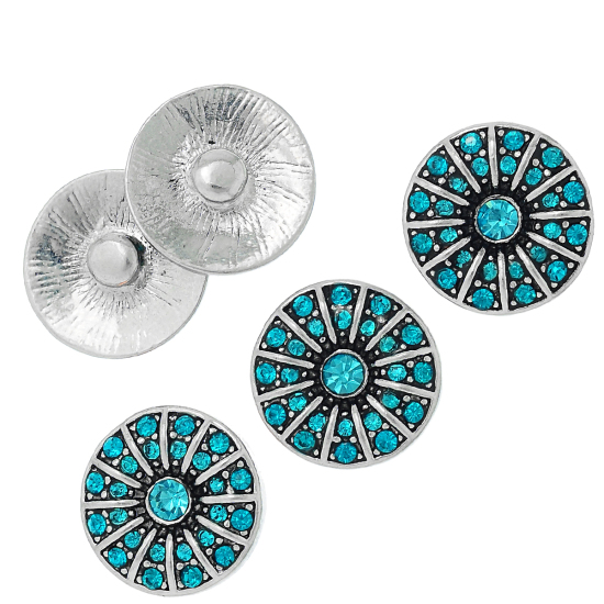 Picture of 20mm Zinc Metal Alloy Snap Buttons Round Antique Silver SunFlower Carved Blue Rhinestone Fit Snap Button Bracelets, Knob Size: 5.5mm( 2/8"), 1 Piece