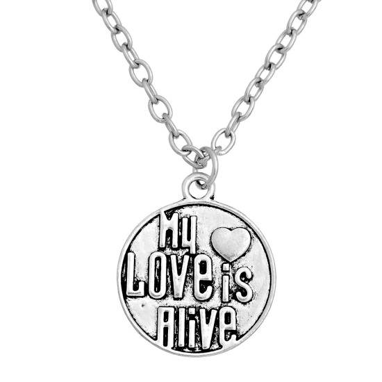 Immagine di Lega di Zinco Charm Ciondoli Tondo Argento Antico Lettere Scolpito " My Love Is Alive " 28.9mm x 24.6mm , 10 Pz