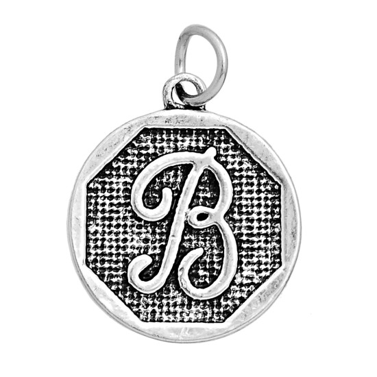 Picture of Zinc Based Alloy Charms Round Antique Silver Color Initial Alphabet/ Letter " B " Carved 23mm x 20mm(7/8" x 6/8"), 10 PCs
