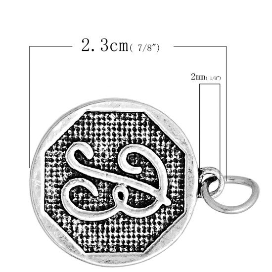 Picture of Zinc Based Alloy Charms Round Antique Silver Color Initial Alphabet/ Letter " B " Carved 23mm x 20mm(7/8" x 6/8"), 10 PCs