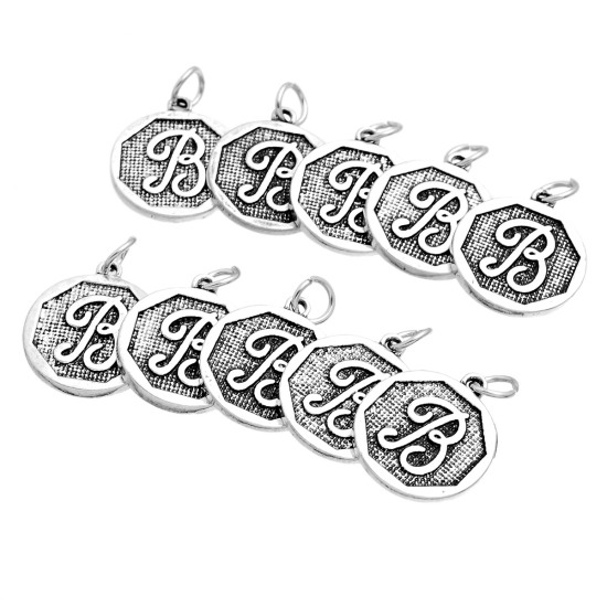 Picture of Zinc Based Alloy Charms Round Antique Silver Color Initial Alphabet/ Letter " B " Carved 23mm x 20mm(7/8" x 6/8"), 10 PCs