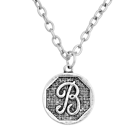 Picture of Zinc Based Alloy Charms Round Antique Silver Color Initial Alphabet/ Letter " B " Carved 23mm x 20mm(7/8" x 6/8"), 10 PCs