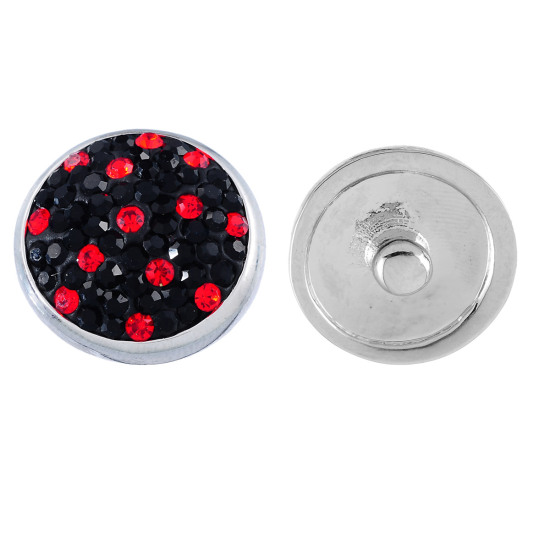 Picture of 20mm Alloy Snap Buttons Round Silver Tone Black & Red Rhinestone Fit Snap Button Bracelets, Knob Size: 5.5mm( 2/8"), 1 Piece